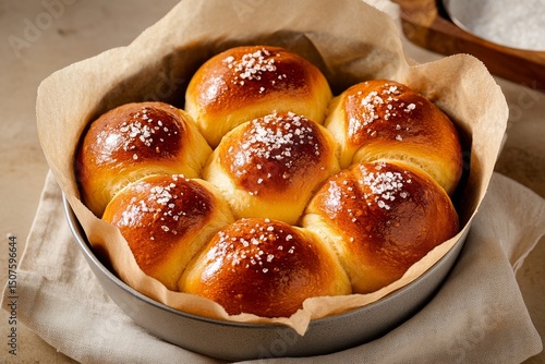 Freshly Baked Braided Bread With Coarse Salt Served in a Rustic Bowl on a Lin...