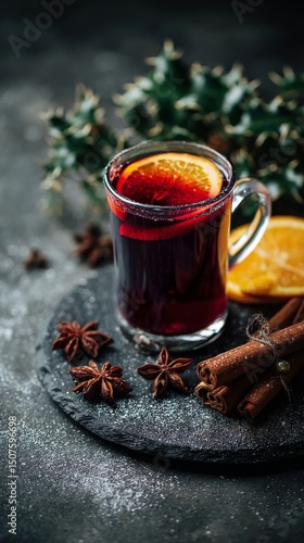 Warm Spiced Drink Garnished With Orange Slice and Spices on a Dark Surface