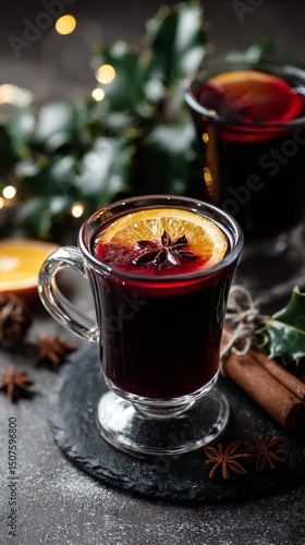 Hot Beverage With Spices and Citrus on a Dark Stone Background