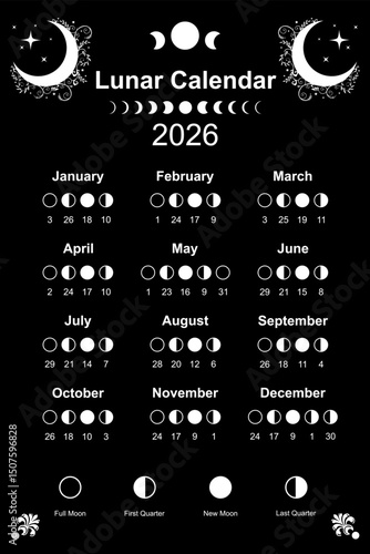 Moon calendar 2026 and Moon Phases. Lunar phases schedule and cycles, poster template design printable in black and white color, wiccan style vector illustration isolated on black background