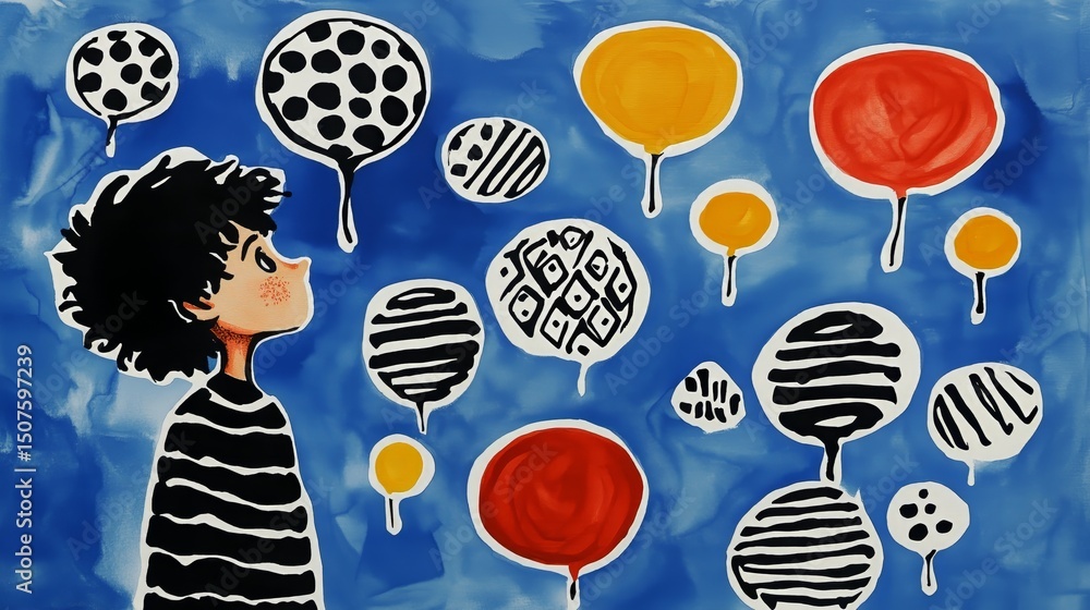 custom made wallpaper toronto digitalWhimsical art of a child dreaming with floating patterned balloons against a blue sky