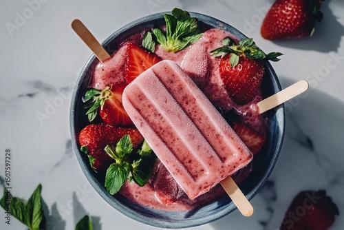 Strawberry Popsicle on a Bowl of Fresh Strawberries and Mint on a Marble Surface