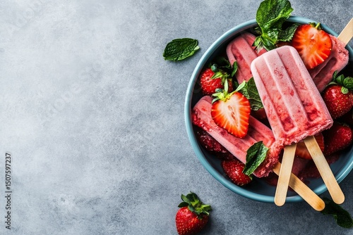 Refreshing Strawberry Popsicles in a Bowl Displayed on a Grey Surface With Fr...