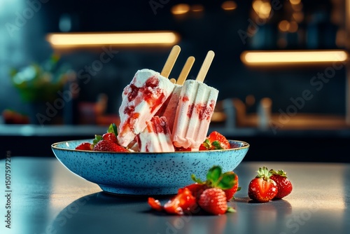 Strawberry Popsicle on a Bowl of Fresh Strawberries and Mint on a Marble Surface