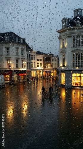 Evening Rain Creates a Beautiful Urban Landscape in a Busy Square With Warm L...