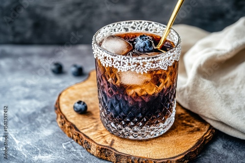 Refreshing Blackberry Cocktail With Herbs on a Rustic Wooden Board in a Cozy ...