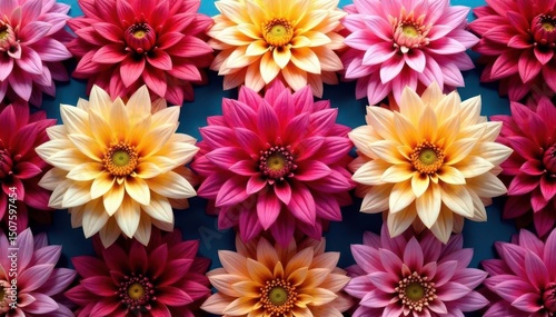 Intricate dahlia blooms in vibrant hues, forming a repeating floral pattern , magenta, blossom, scarlet