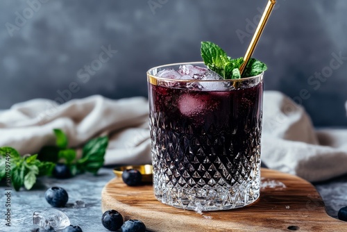 Refreshing Dark Berry Cocktail Garnished With Mint on Wooden Board
