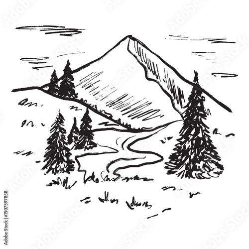 A mountain landscape with a prominent peak, evergreen trees in black brush stroke texture isolated on white. Hand drawn vector sketch illustration in vintage charcoal ink. Recreation, travel