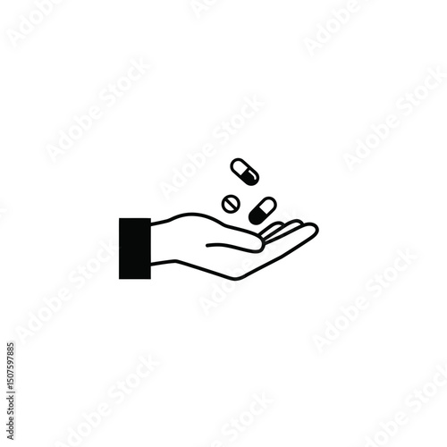 Hand vector, side view, offering medicine pills and capsules. Treatment and cure concept. Polypharmacy and overtreatment problem metaphor	