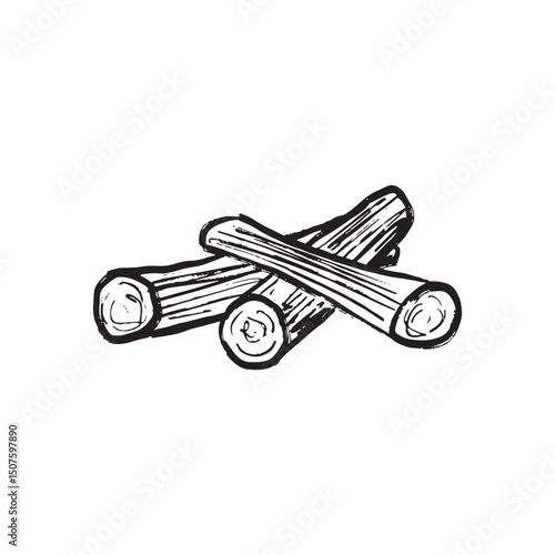 A stack of three cut logs, used as firewood or building material in black brush stroke texture isolated on white. Hand drawn vector sketch illustration in vintage charcoal ink. Camping equipment