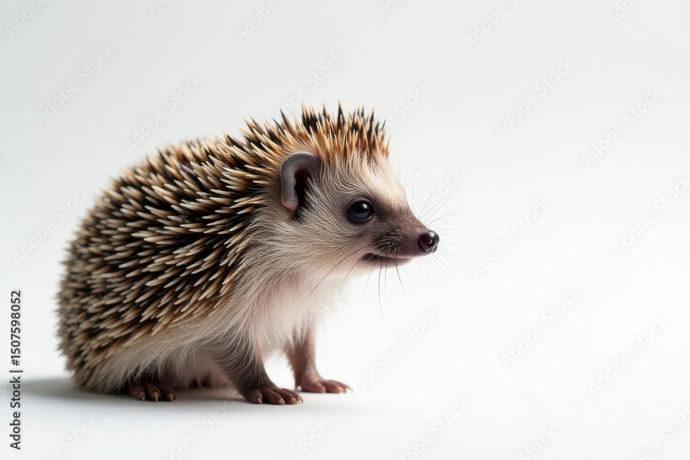 Naklejka premium Close-up of a solitary hedgehog against a stark white backdrop, wild, wildlife, image