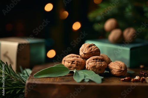 Freshly Harvested Walnuts Arranged on Wooden Table With Green Leaves and Pack...