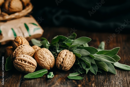 Nuts Spread on a Wooden Surface With Packaging and Leaves in Natural Light