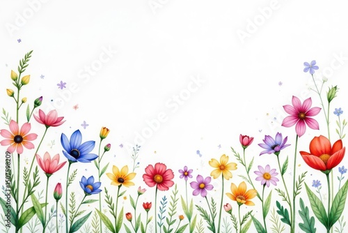 Delicate watercolor wildflowers, scattered on white , botanical, nature