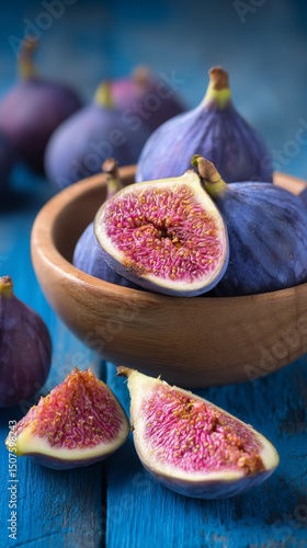 Fresh Figs in a Wooden Bowl on a Blue Table Showcasing Their Vibrant Color an...