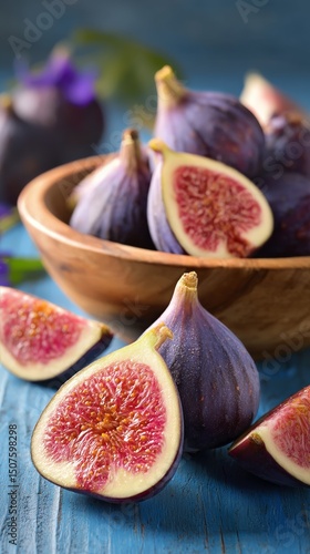 Fresh Figs in a Wooden Bowl on a Blue Table Showcasing Their Vibrant Color an...
