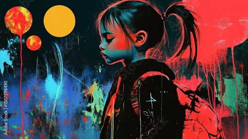 Surreal portrait of a girl with backpack in vibrant abstract graffiti setting