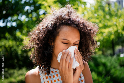Fotografie Photo of attractive young cheerful lady blow nose tissue suffer allergy wear sum