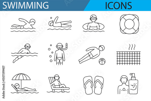 Flat Design Swimming Icon Set for Fitness and Recreation
