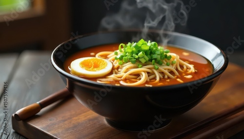 Steaming bowl of ramen, chopsticks, green onions, asian, delicious