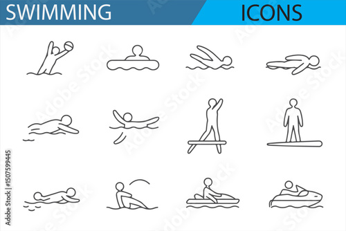 Line Icons for Swimming and Water Sports Enthusiasts