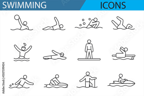 Illustrated Icons of Swimmers in Various Aquatic Activities