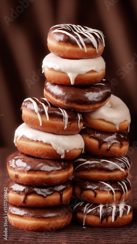 Decadent Stack of Assorted Glazed Donuts With Chocolate and Cream Toppings on...