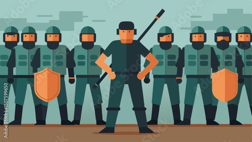 Correctional Officers in Formation A tight formation of correctional officers in tactical gear holding shields and batons standing firm against a chaotic crowd of inmates in a