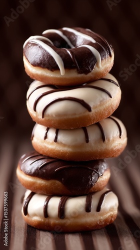 Delicious Stack of Chocolate and Cream Donuts on Wooden Surface