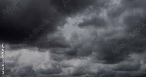 Dense black clouds covered the sky and are flying. Weather change to storm and hurricane with rain.