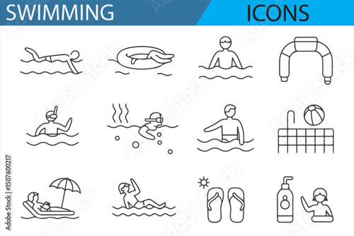 Set of Swimming Icons for Fitness and Aquatic Sports