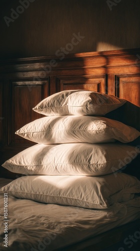 Soft White Pillows Stacked Against a Wooden Wall in Warm Afternoon Light