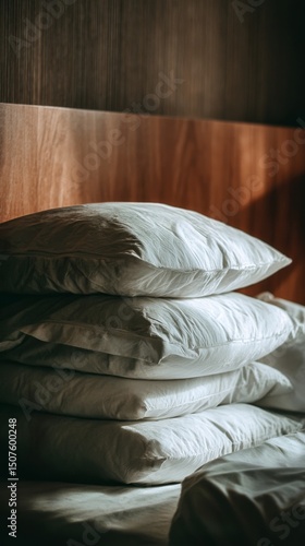 Soft White Pillows Stacked Against a Wooden Wall in Warm Afternoon Light