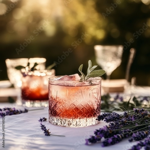 Refreshing Cocktail Served in a Crystal Glass With Lavender Garnish at Sunset...