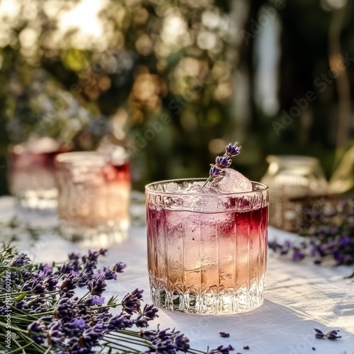Refreshing Lavender Cocktail Served in a Crystal Glass on a Warm Afternoon in...