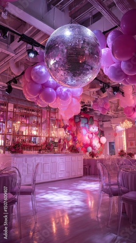 Elegant Party Venue Adorned With Pink Balloons and Shimmering Disco Ball at N...
