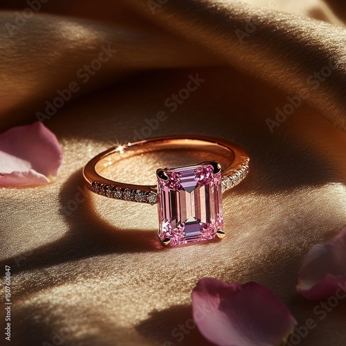 Elegant Pink Gemstone Ring Displayed on Satin Fabric With Surrounding Foliage...