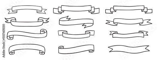 ribbons template for text doodle hand drawn icon set. Outline drawing medieval ribbons template line clipart symbol collection