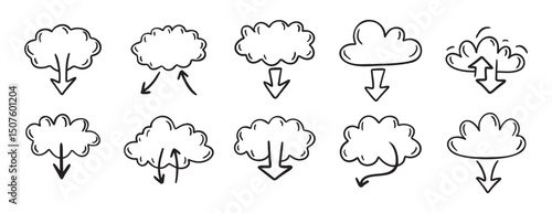 data server cloud with arrow for internet database, digital storage doodle hand drawn icon set. Outline drawing data server cloud line clipart symbol collection