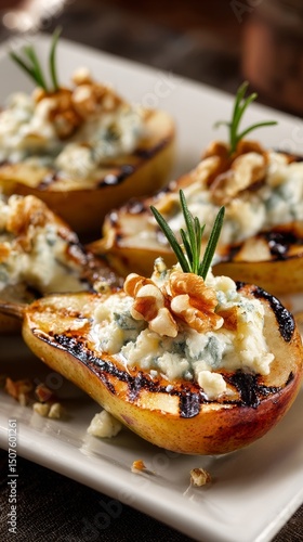 Grilled Pear Halves Topped With Blue Cheese and Walnuts Served on a Blue Plate