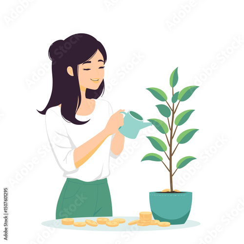 Woman watering a plant with coins around it, representing financial growth