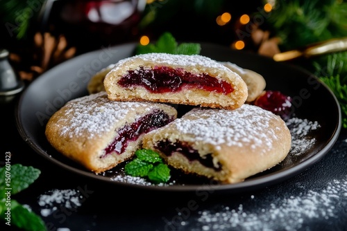 Baked Treats With Berry Filling Dusted With Powdered Sugar on a Festive Table