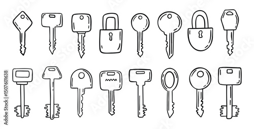 Sketch hand drawn doodle key icon set. Vintage locks and keys. Outline decor security elements collection.