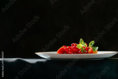 Colorful Fruit Salad With Pomegranate and Mint Served Elegantly on a White Plate