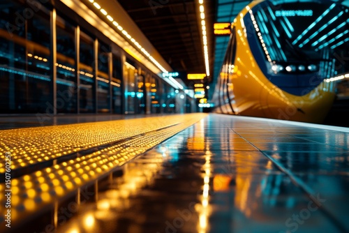 Train Arriving at a Modern Station During Evening Twilight With Vibrant Lights
