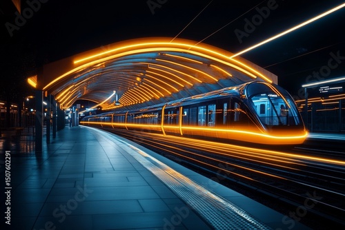Nighttime Train Arriving at a Modern Station With Glowing Lights and Sleek De...