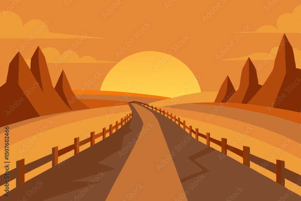 Obraz premium Desert road at sunset with orange sky and mountains, a summer travel landscape illustration