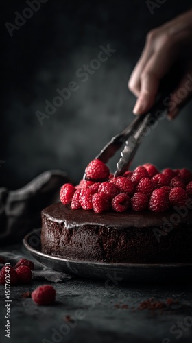 Chocolate Cake Topped With Fresh Raspberries on a Dark Textured Background