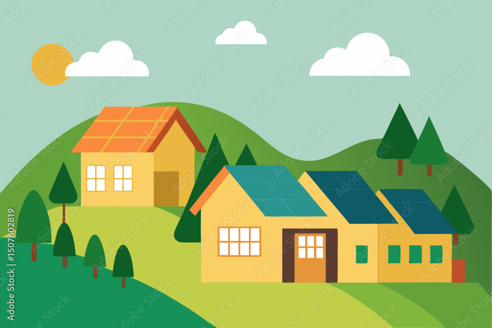 Vector illustration of a village with houses nestled in a summer forest landscape Vector illustration of a village with houses nestled in a summer forest landscape